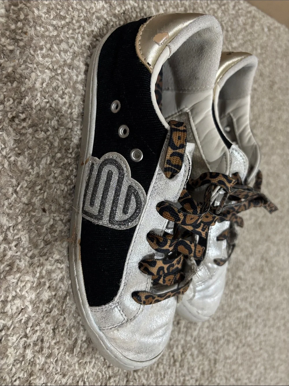 Justice Kids White Black Sneakers with Leopard Print Laces